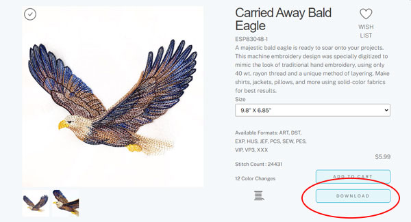 an image of the product detail page on Embroidery Library with the "download" button highlighted