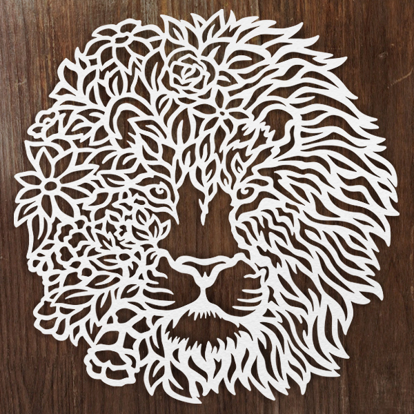 Papercut Lion in Flowers [SVG, DXF] 1