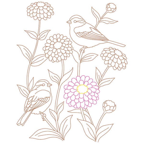 Zinnia and Tree Sparrows [SVG, DXF]