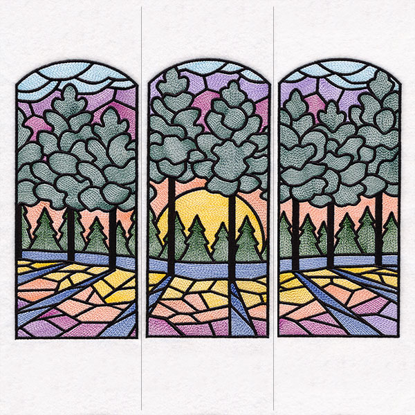 Stained Glass Sunset Scene - 3 Panel