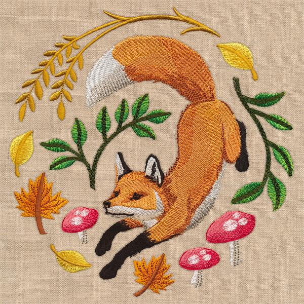 AUTUMN FOX ---Machine Embroidered Quilt store Block (AzEB)