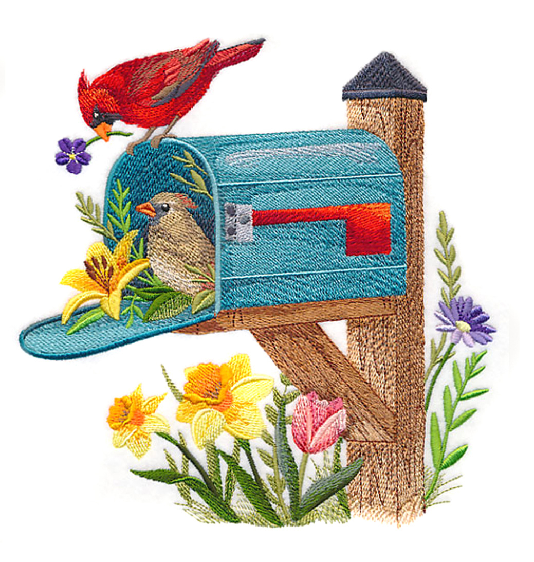 Mailbox with birds and flowers all around